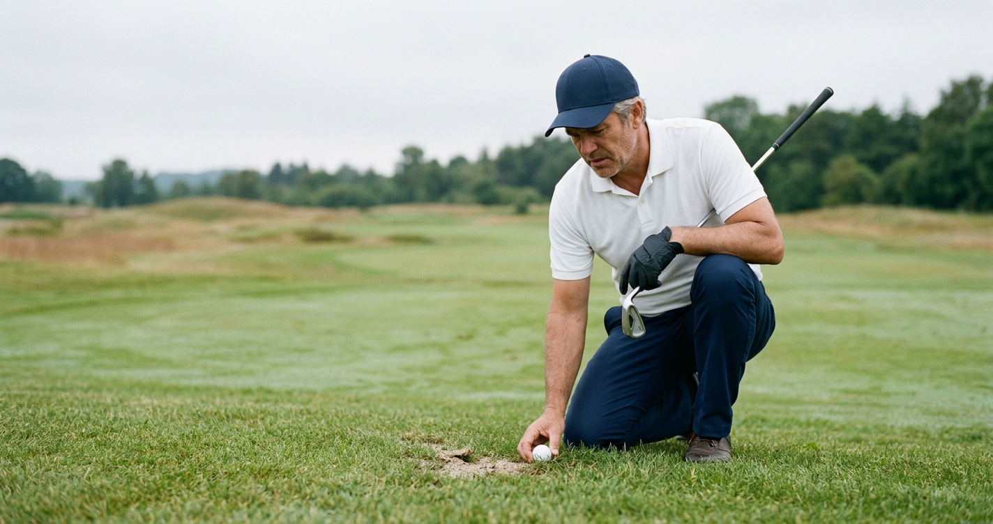 A frustrated golfer kneeling on the fairway, looking at his ball