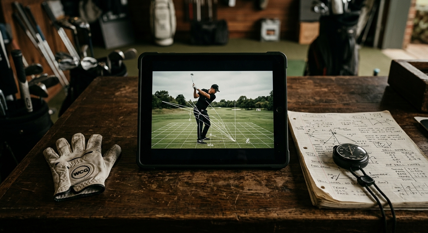 A golf coach analyzing a swing on a tablet