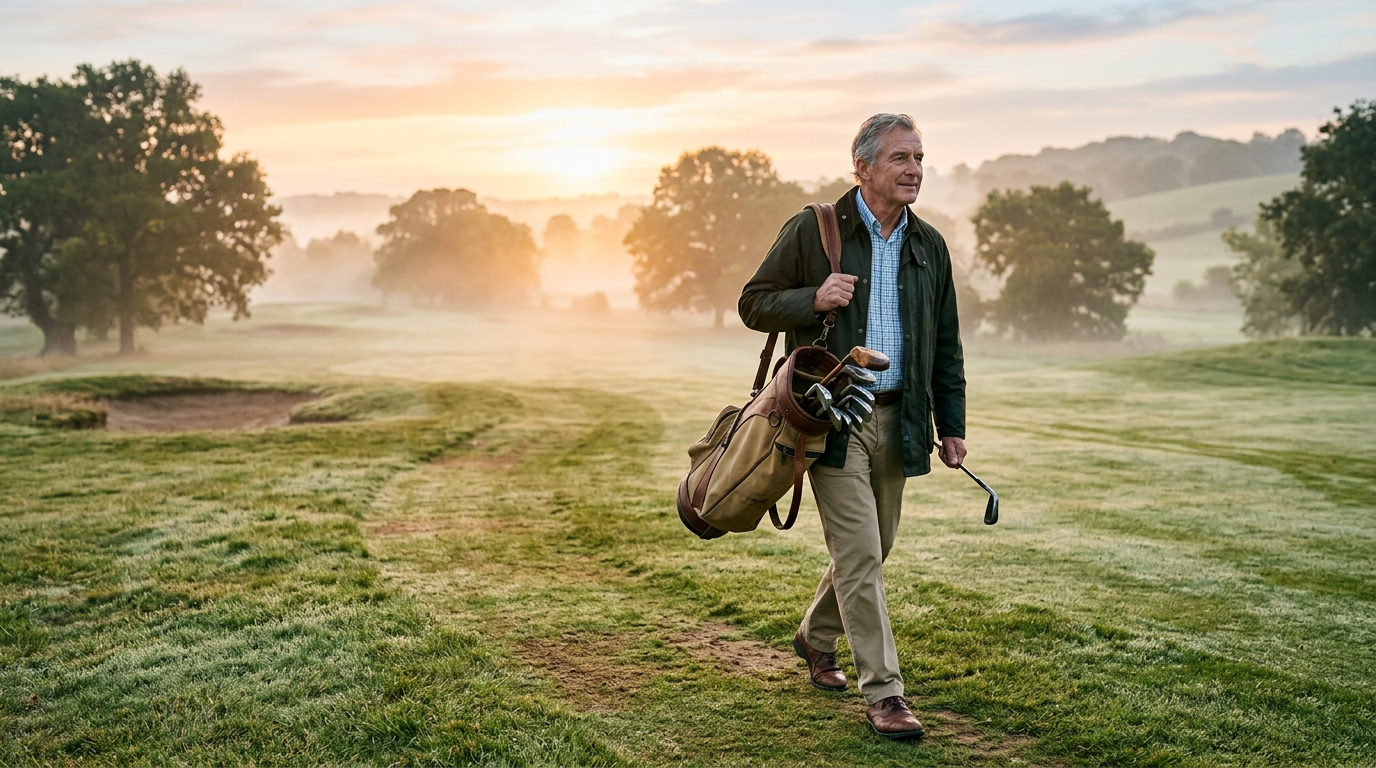 An older golfer walking a misty fairway at sunrise