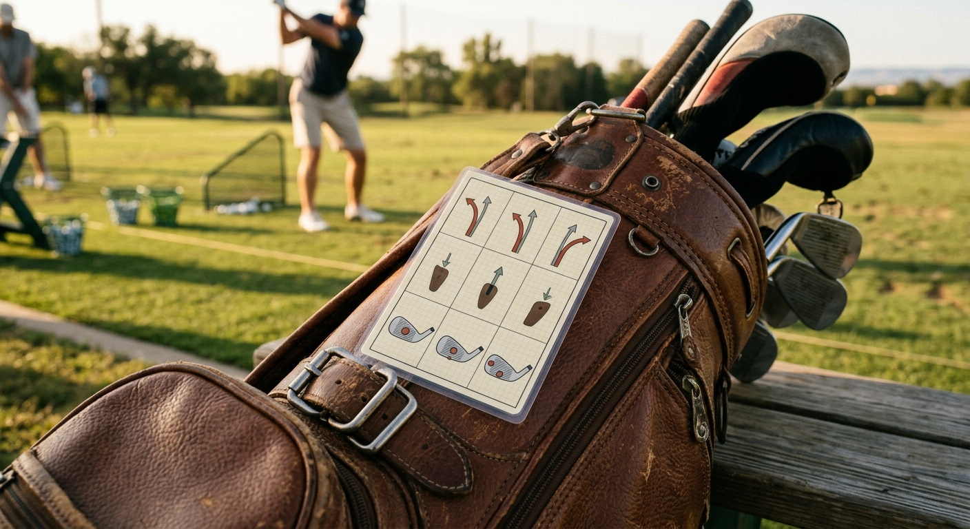 The Swing Fault Diagnostic Card, printed and laminated on a leather golf bag