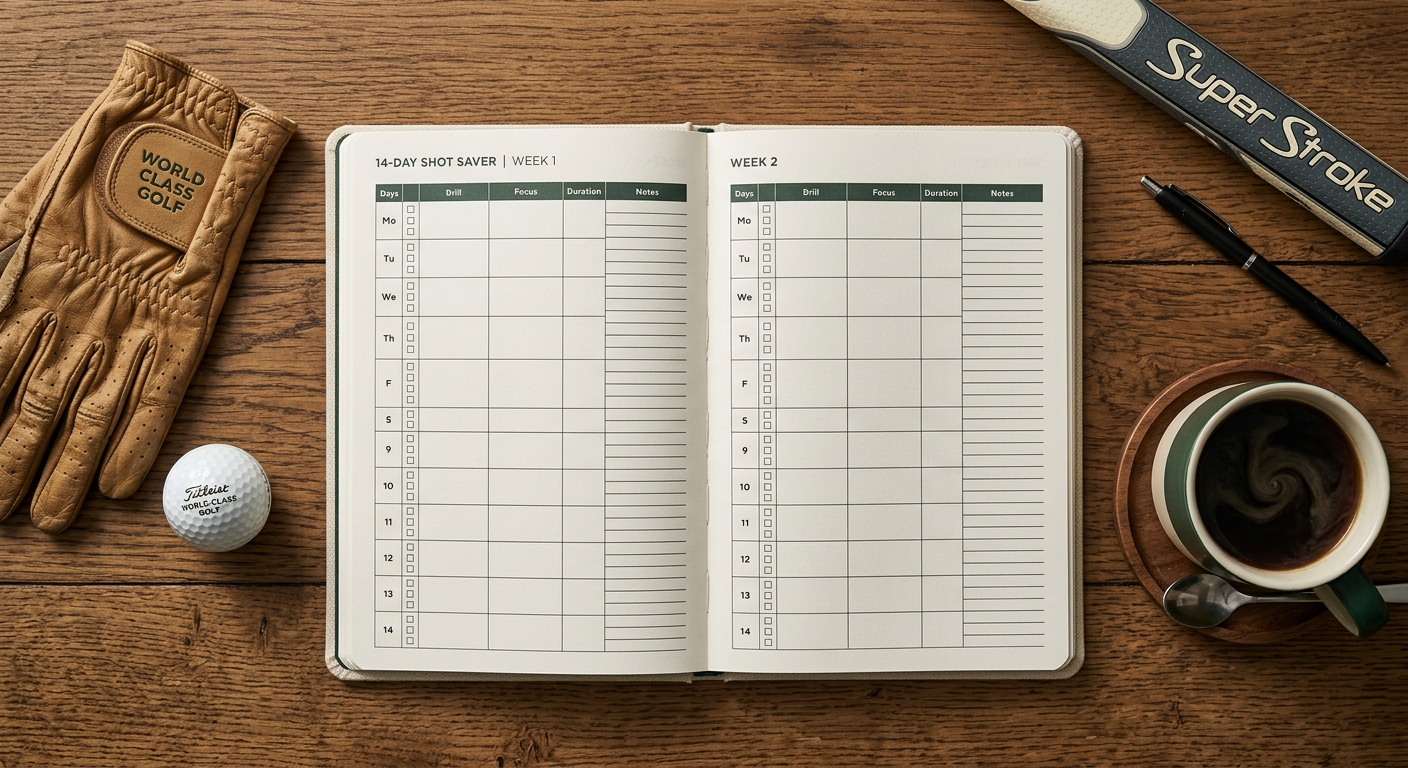 The 14-Day Shot Saver planner, open on an oak table with coffee and a golf glove