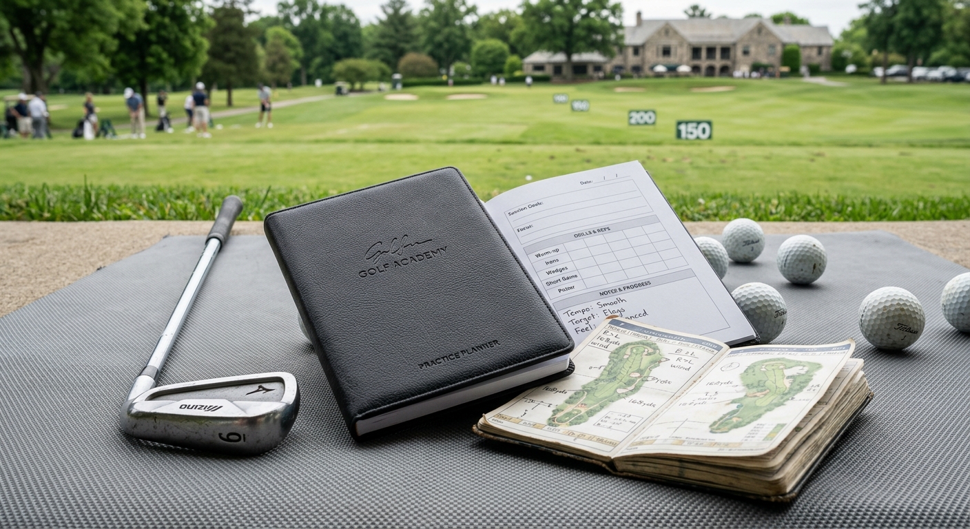 The Tour Pro Practice Planner on a slate practice mat at a country club range