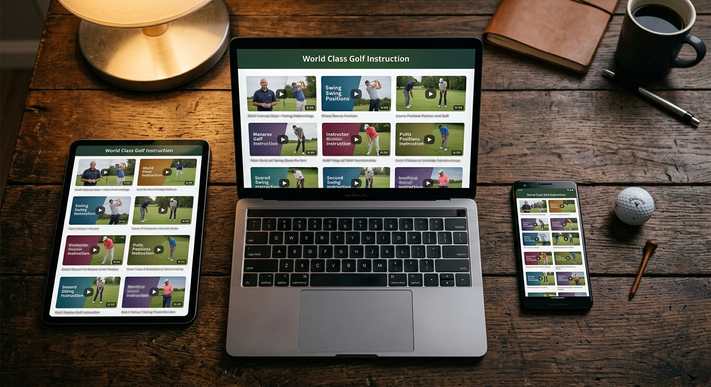World Class Golf Instruction platform on laptop, tablet, and phone