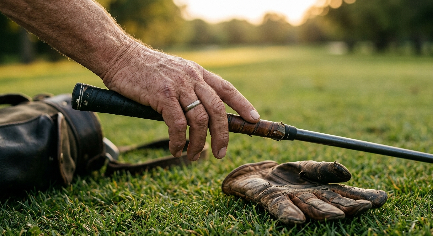 A golfer's hand resting on a worn club grip at sunset