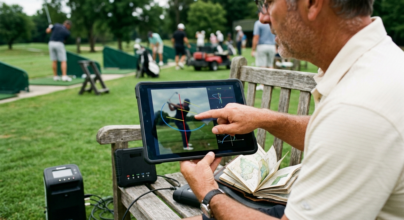 A golf coach reviewing a tablet with swing analysis lines drawn over a golfer's swing