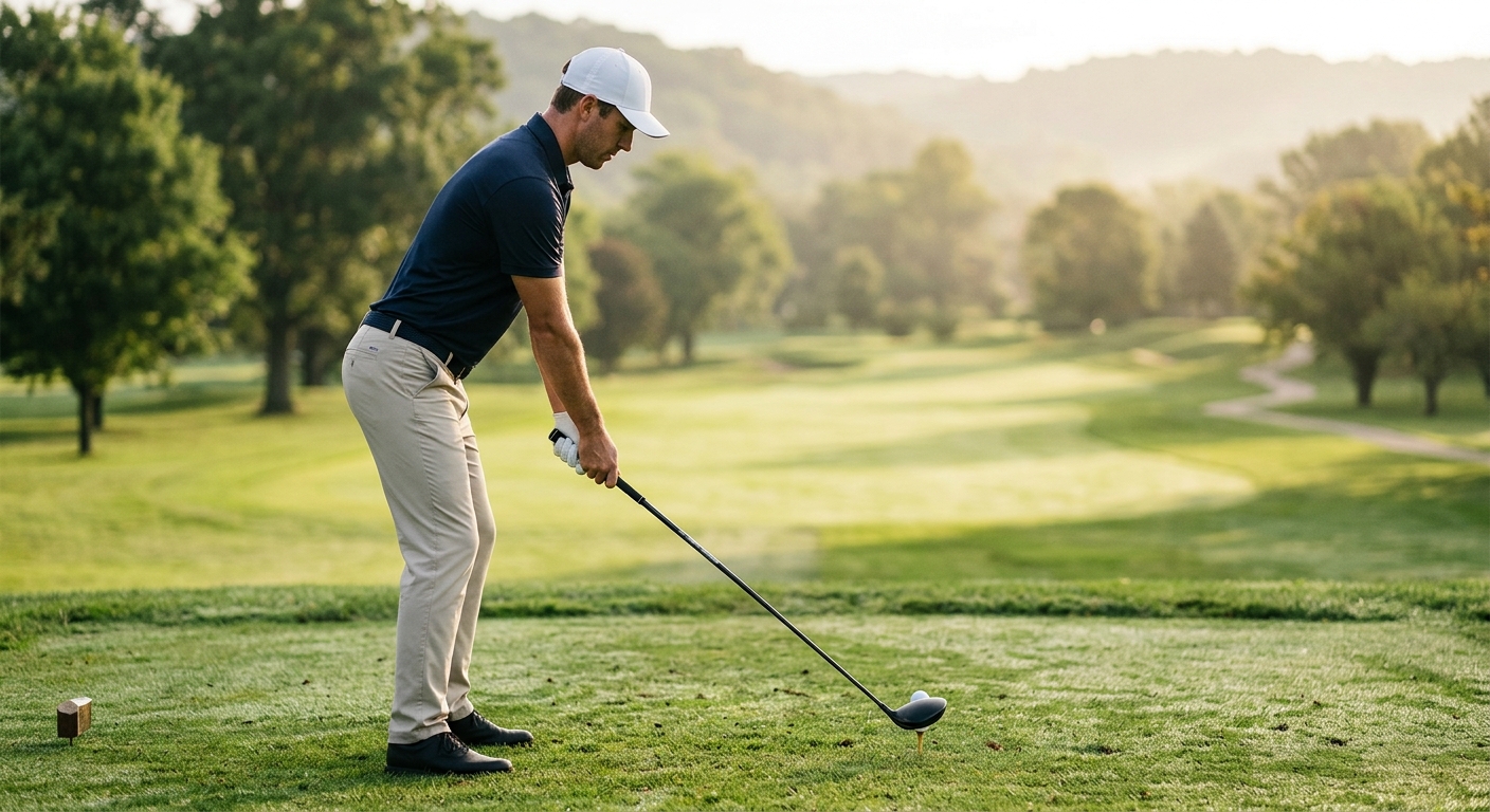 A golfer addressing the ball with a driver at a country club tee