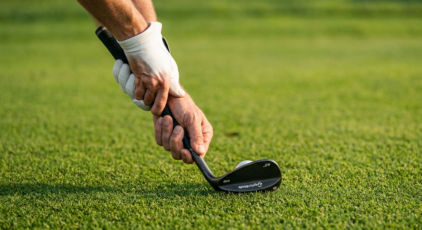 A golfer's hands gripping a wedge for a short game chip shot
