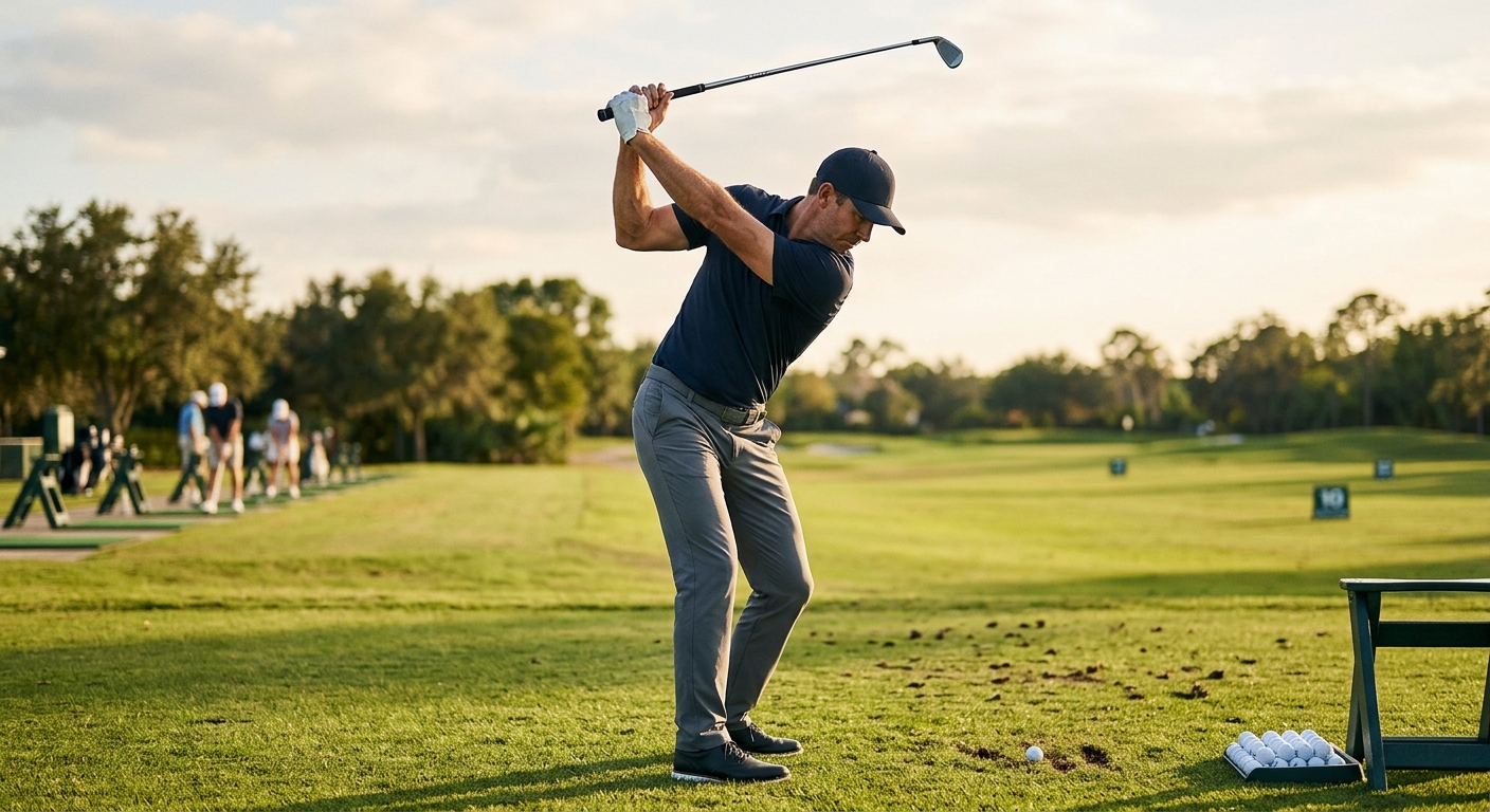 A golfer at the top of his backswing on the practice range