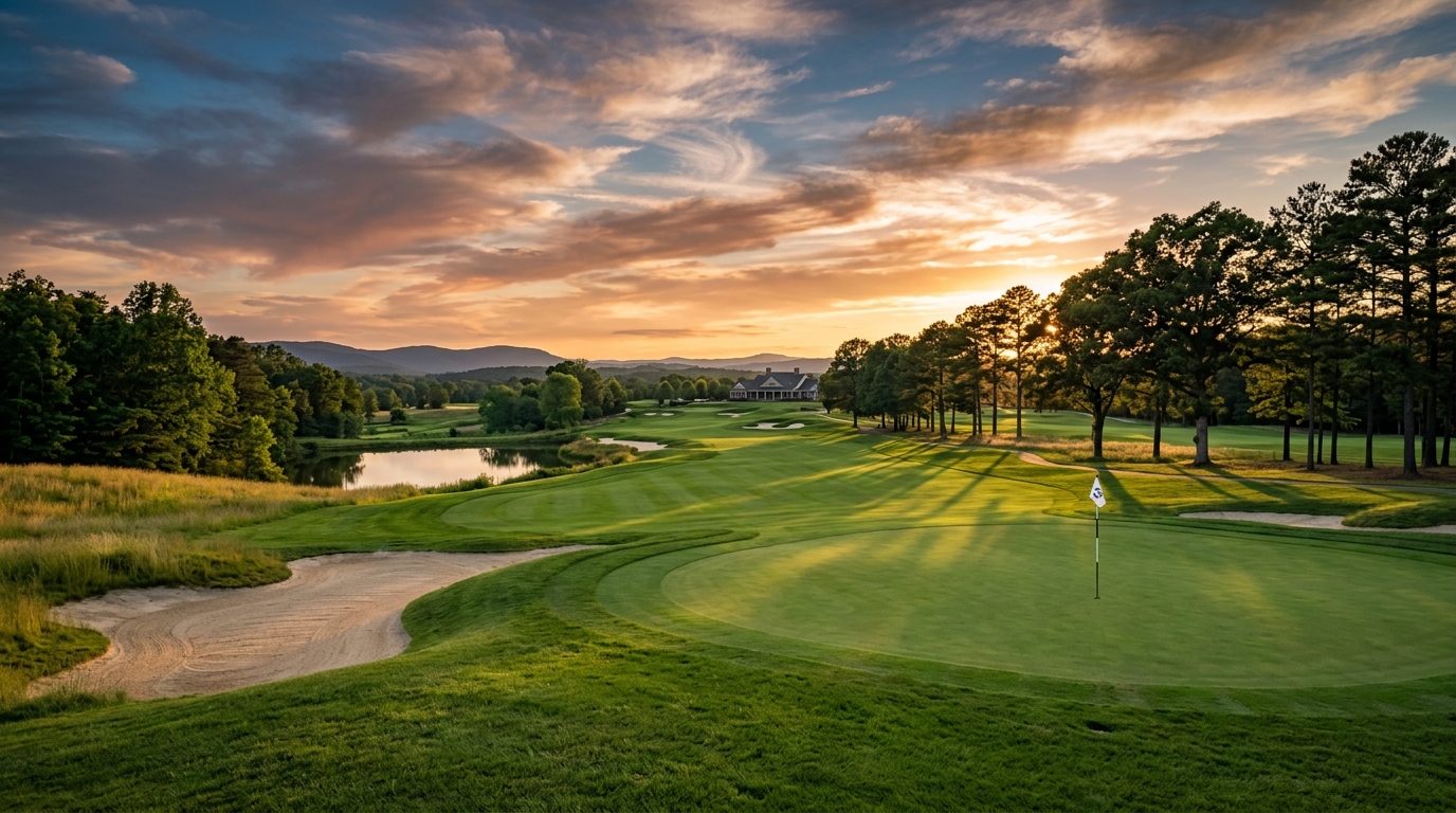 A championship golf course at golden hour
